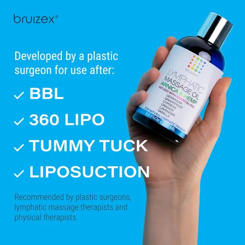 Vista 3 de Aceite de masaje de drenaje linfático con árnica y aceite de semilla de cáñamo natural, recuperación poscirugía y lipedema, liposucción, 360 Lipo