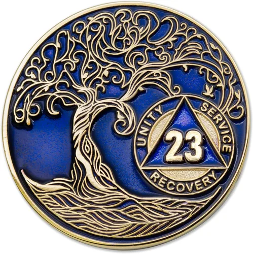 Vista 128 de 1 año Sobriety Mint Twisted Tree of Life Medallón de recuperación AA chapado en oro, chip/ficha - negro