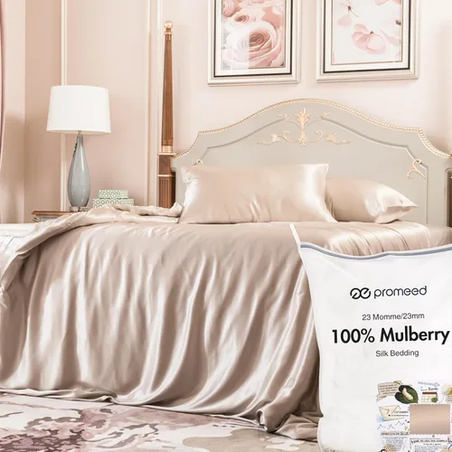 Vista 18 de PROMEED Juego de funda de edredón 100% seda de morera, 3 piezas, tamaño Queen, juego de ropa de cama real de seda de grado 6A 23 momme con funda