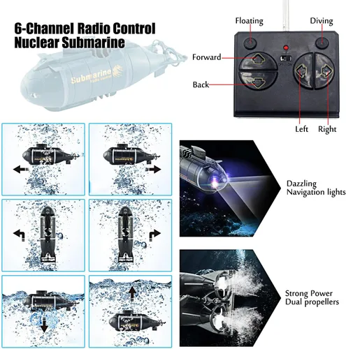 Vista 3 de Tipmant Mini RC Nuclear Submarino Juguete de Control Remoto Barco de Buceo Eléctrico Peces Tanque de Agua para Niños Regalos (azul)