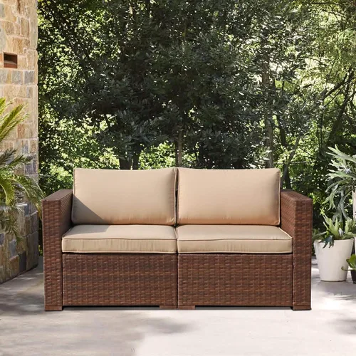 Vista 9 de Patiorama Sofá biplaza de mimbre para exteriores, 2 piezas, juego de sofá modular de ratán de polietileno marrón para todo tipo de clima, sillas