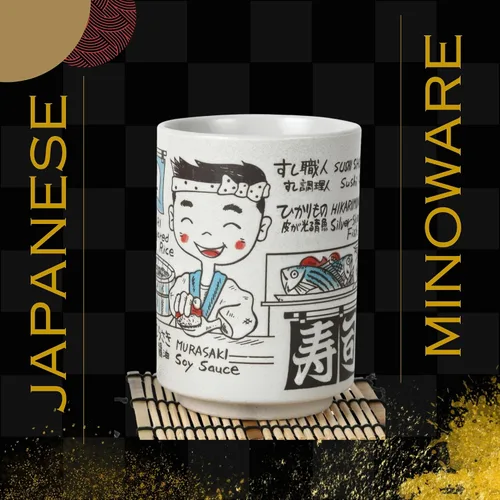 Vista 3 de Tazas de té japonesas Sushi-Yunomi Mino Ware con posavasos de bambú (juego de 2) (chef de sushi)