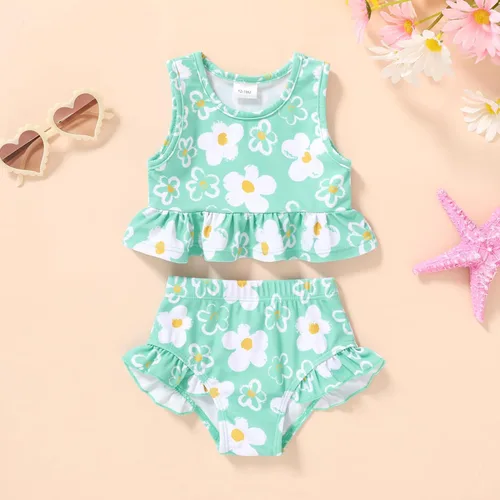 Vista 2 de YOUNGER TREE Traje de baño de verano para niñas pequeñas, sin mangas, traje de baño a rayas, traje de dos piezas, bikini