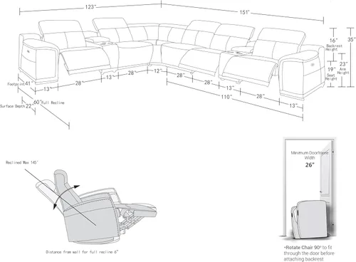 Vista 98 de BlackJack Furniture Venice - Sofá modular de cuero italiano de grano superior de 5 piezas con 3 reclinables eléctricos, reposacabezas ajustable