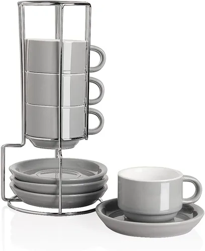 Vista 8 de Sweejar - Tazas de café de porcelana con platillos, tazas de capuchino apilables de 4 onzas con soporte de metal para bebidas de café, café