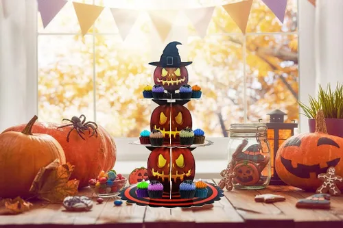 Vista 5 de ALIBBON Soporte para cupcakes de Halloween, torre de 3 niveles de cartón de calabaza, soporte para postres naranja, bandeja para servir cupcakes