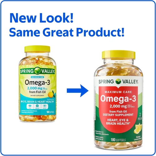 Vista 2 de Spring Valley Maximum Care Omega-3 de aceite de pescado Suplemento dietético Cápsulas blandas para la salud ocular, cerebro, hueso y corazón, 2000