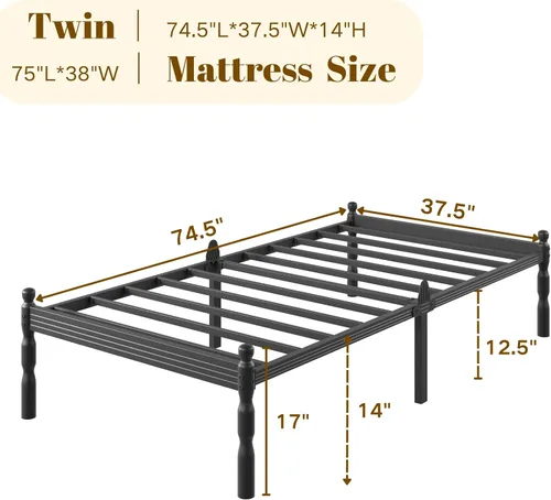 Vista 2 de COMASACH Base de cama resistente de tamaño individual con almacenamiento y tapón de colchón, marco de cama de metal con plataforma, no necesita