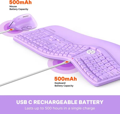 Vista 3 de MEETION Teclado y mouse inalámbricos ergonómicos, teclado Ergo con mouse vertical, teclado dividido, reposamuñecas acolchado, escritura natural