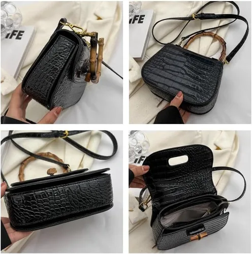 Vista 7 de Bolso de mano de cuero artificial de bambú con asa superior para mujer, elegante bolso de noche, regalo para mujer, hecho a mano