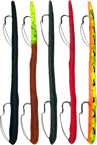 Vista 7 de DeLong Lures 6" KILR Worm – Made in USA Weedless Pre-Rigged Soft Plastic Swimbaits, Extra Durable Bass Fishing Lures for Pike and More, 5-Pack