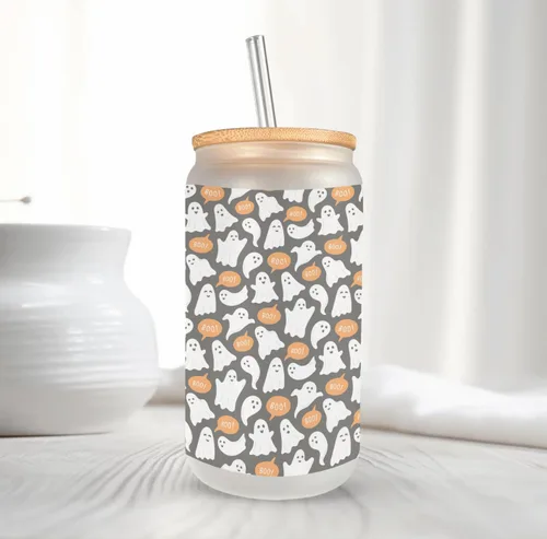 Vista 5 de Cute Little Ghost Frosted Glass Can with Bamboo Lid, straw and cleaning brush, 16 Oz Halloween Vibes Glass Cup Mugzan