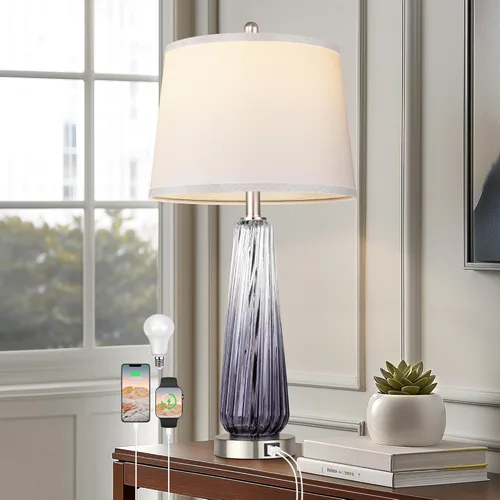 Vista 10 de Juego de 2 lámparas de mesa de vidrio, lámparas de noche modernas para dormitorios con puertos USB A+C, lámpara de mesita de noche regulable de 3