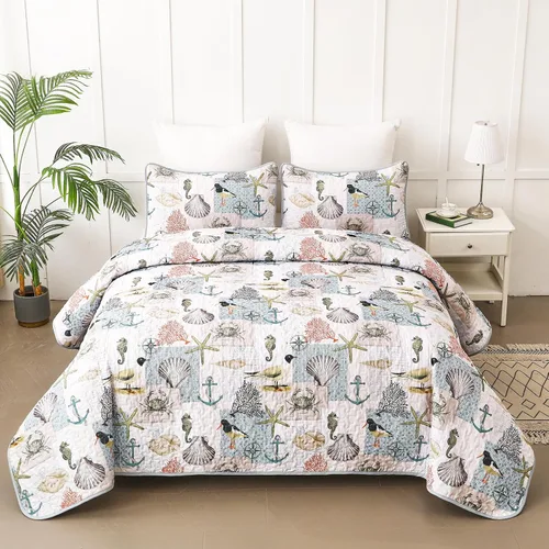 Juego de Colcha Ocean Colcha Cubrecama Tamaño Queen de 3 Piezas - Microfibra Suave y Ligera de Verano Ropa de Cama Náutica de Playa Costera Manta