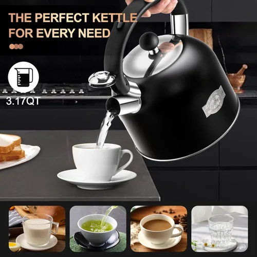 Vista 3 de SUSTEAS Hervidor de té – Hervidor silbante de 3.17 cuartos con mango ergonómico – Ollas de té de acero inoxidable de alta calidad para estufa