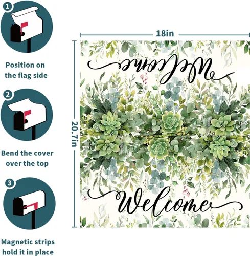 Vista 4 de Fundas magnéticas para buzón de hojas de eucalipto de primavera, tamaño estándar de 21 x 18 pulgadas, hojas verdes, decoración de buzón