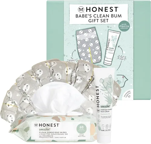 The Honest Company Babe's Clean Bum - Juego de regalo, pañales y artículos esenciales para recién nacidos, 99% toallitas de agua, 60 unidades de