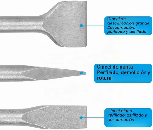 Vista 3 de CertBuy - Juego de 6 brocas de martillo rotatorio SDS Max para concreto - Incluye cinceles de punta, planos y de escalado