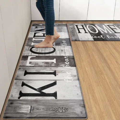 Arttown Farmhouse - Juego de 2 alfombras de cocina antifatiga negras y grises con diseño de madera, alfombrilla acolchada para el suelo impermeable