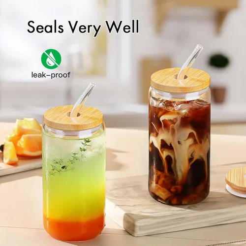 Vista 2 de Tapas de bambú para vasos de vidrio, tapas de madera para latas de cerveza de 16 oz con agujero para pajilla, cubierta de repuesto para tarros Mason