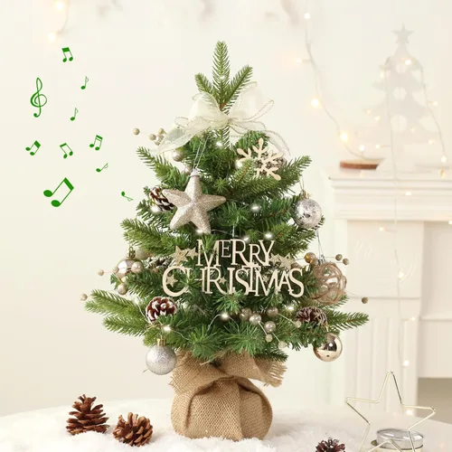 Vista 11 de Mini árbol de Navidad, pequeño árbol de Navidad blanco con luces y música preiluminado, árbol de Navidad artificial de mesa, decoración de Navidad