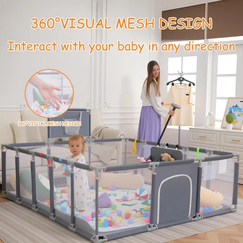 Vista 3 de Corralito para bebés, 79"x71" Corralito para bebés con tapete interior y exterior para bebés y niños pequeños con corralito transpirable con pelotas