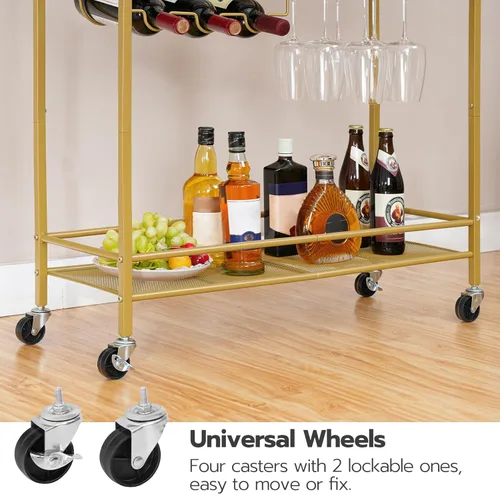 Vista 7 de HOOBRO Carrito de bar para el hogar, carrito de barra de oro, carrito de servicio de bar de 2 niveles con estante para vino y soporte para vidrio