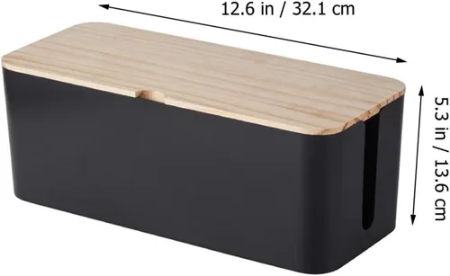 Vista 2 de Toyvian Cable Storage Box Power Line Manager with Natural Wood Lid, Medium Black Charging Cable Organizer for Home and Office Cord Management