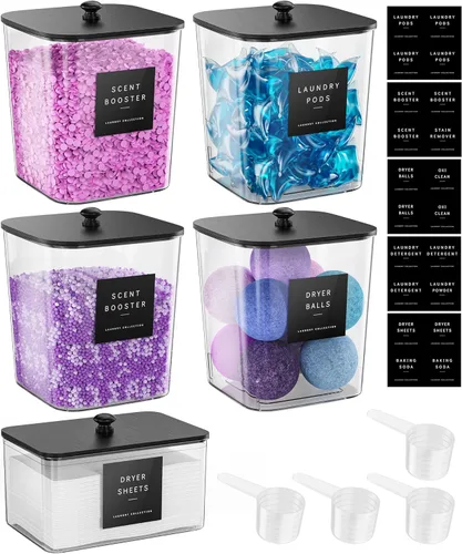 Vista 3 de 4 Pack Bamboo Laundry Pods Container, Clear Laundry Room Organization Containers,Large Laundry Detergent Powder Storage Containers Lids & Labels