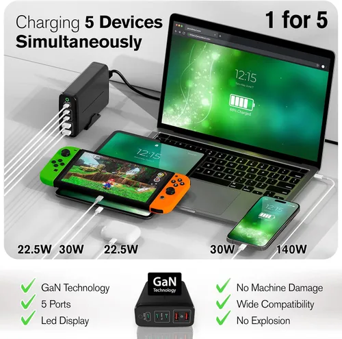 Vista 4 de Cargador USB C de 245 W A2215 - Bloque de cargador USB C - Cargador GaN de 5 puertos de escritorio 3 USB-C 2 USB-A - Hub USB alimentado - Múltiples
