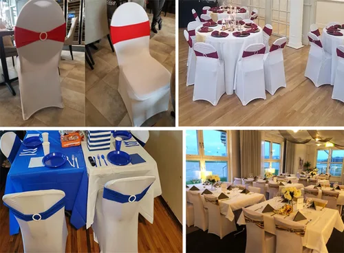 Vista 4 de SINSSOWL Paquete de 50 bandas elásticas deslizantes para silla, de elastano, bandas para silla, lazos y hebillas para decoración de bodas, banquetes