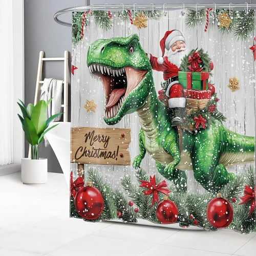 Vista 22 de HVEST Christmas Ball Shower Curtain, Blue Christmas Ball with Silver Pine Tree on Grey Board Bathroom Shower Curtain with Hooks, Snow Snowflake