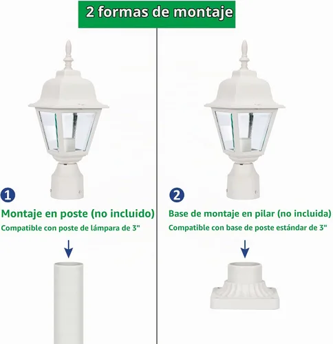Vista 3 de LIT-PaTH Farol de poste de iluminación al aire libre, base mediana E26 máximo de 60 W, carcasa de aluminio más vidrio transparente, bombilla