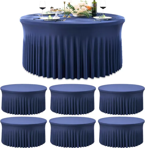 Vista 48 de Paquete de 6 manteles redondos de elastano azul bebé para mesa de 60 pulgadas, manteles elásticos de 120 pulgadas ajustables de 5 pies, manteles