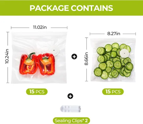 Vista 2 de Bolsas reutilizables selladoras al vacío para alimentos con válvula de aire, paquete de 30 bolsas sin BPA para ahorro de alimentos, aptas