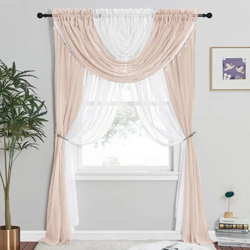 Vista 7 de NICETOWN Cortina de cenefa blanca transparente para sala de estar, cocina estilo granja, cascada, cortinas Victoria pequeñas, cortinas de cuentas