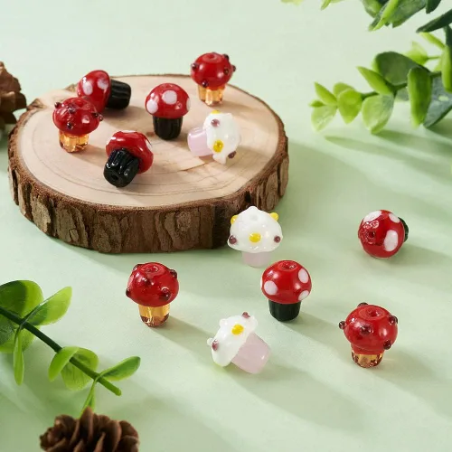 Vista 7 de 18 cuentas de champiñón para collares, decoración central de hongos de cristal perforados para aretes, pulseras, llaveros y manualidades, Shell