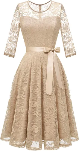Vista 12 de Dressystar Vestido de encaje floral para mujer, corto, para dama de honor, con cuello transparente B- Borgoña