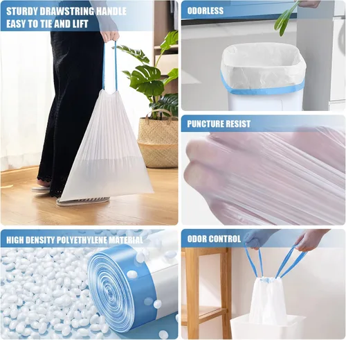 Vista 6 de FORID Mini Bolsas de Basura con Cordón - Bolsas de Basura Pequeñas de 2 Galones para Baño, Bolsas de Basura de Plástico Blanco, Forros para Bote