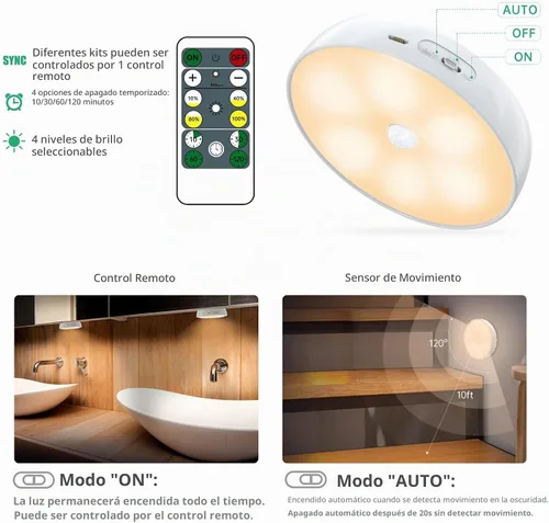 Vista 4 de Luces LED de color cálido para armario, luz de disco con sensor de movimiento, luces de paso de disco recargables por USB, iluminación regulable
