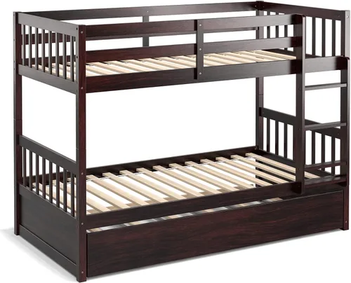 Vista 10 de KOMFOTT Litera de Madera Twin Over Full con Cama Nido, Marco de Cama con Marco de Madera de Pino Maciza, Litera que Ahorra Espacio con Escalera