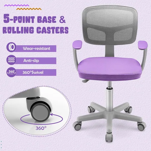 Vista 11 de Silla de escritorio para niños, silla ergonómica giratoria para estudio con soporte lumbar, malla transpirable y ruedas universales, silla de Rosa