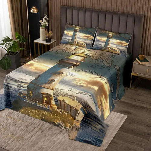 Vista 6 de Erosebridal Juego de colcha náutica costera con anclaje, ropa de cama de playa de verano, tamaño individual, estilo clásico, juego de edredón de 2