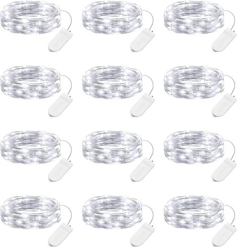 Vista 15 de Brightown - Paquete de 12 luces LED de hadas multicolor con pilas, resistentes al agua, cable plateado de 7 pies, 20 luces LED de luciérnagas