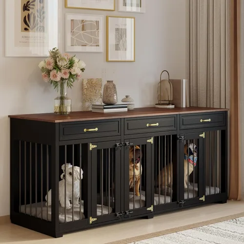 Vista 2 de Muebles de jaula para perros – Muebles de madera para perreras de interior con 2 divisores, 3 cajones y 3 puertas con cerradura, 72 x 23.6 x 31.5