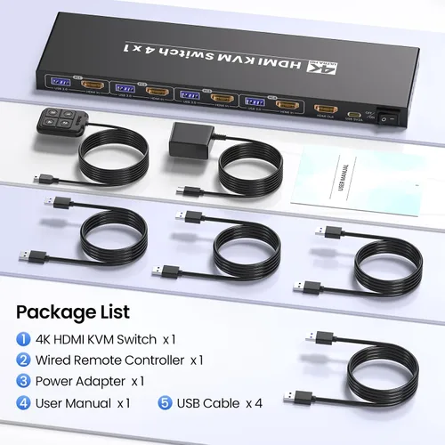 Vista 7 de Conmutador KVM HDMI 4K a 60Hz 1 Monitores 4 Computadoras, USB 3.0 4 Puertos HDMI KVM Switch para 4 Computadoras Compartir 1 Juego de Teclado, Ratón