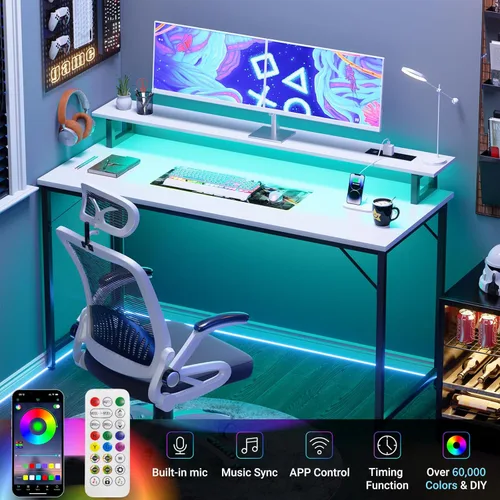 Vista 11 de Escritorio para computadora de 47 pulgadas con tomas de corriente, escritorio de juegos con luces LED, escritorio de trabajo de oficina en casa