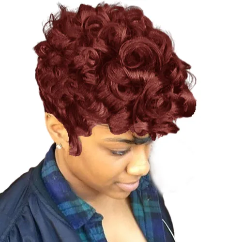 Vista 13 de Pelucas cortas de corte Pixie negro natural para mujeres negras, pelucas de cabello rizado de repuesto, peluca corta negra en capas con flequillo