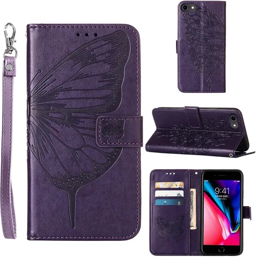 Vista 12 de Funda para iPhone SE 2022/SE 2020, 6/6S/7/8 Mariposa floral en relieve, correa de muñeca, ranuras para tarjetero, funda protectora de cuero
