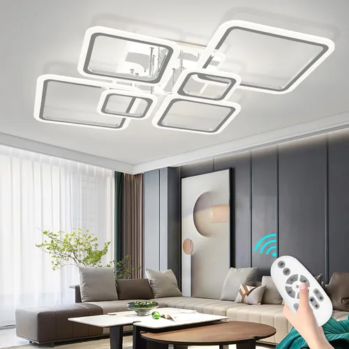 Vista 8 de Modernas luces LED de techo para dormitorio, 40.2 pulgadas, regulables, cuadradas, 6+1 anillos, luces de techo para sala de estar con control remoto